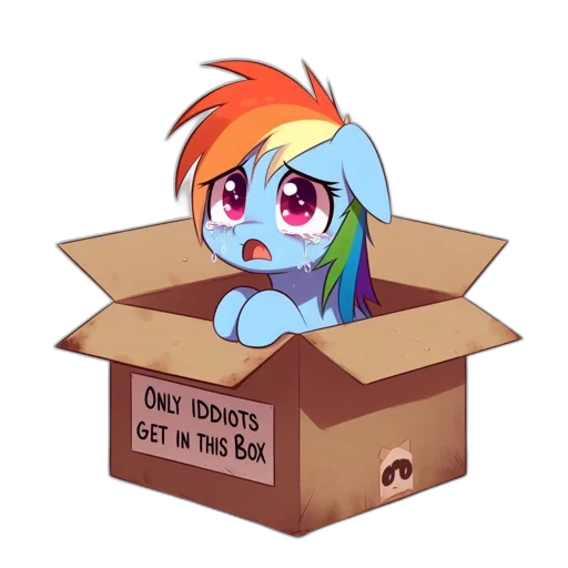concept art, sad, multicolored, pegasus, cartoon, figure, sits, within transparent PNG cut-out