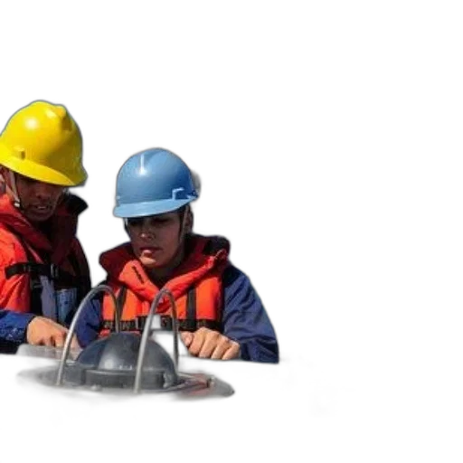 3d render, underwater, two, people, yellow, blue, hard, hats transparent PNG cut-out