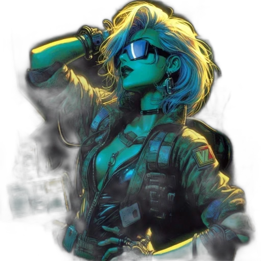 jacket, staff, mask, weapon, cyberpunk, concept art, vaporwave, comic book art transparent PNG cut-out