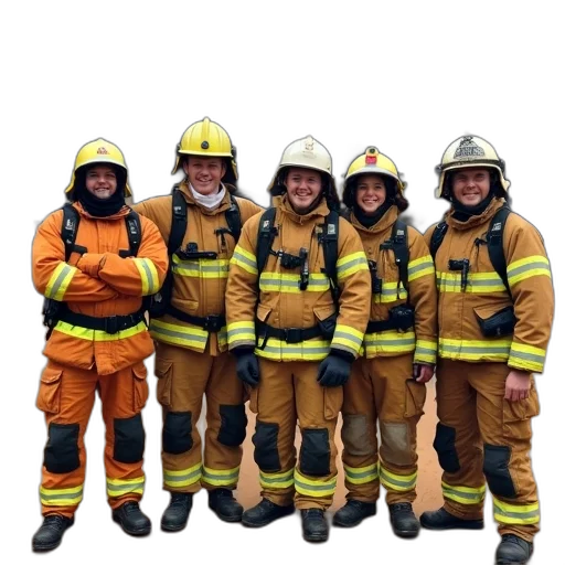 staff, group, firefighters, full, gear, including, helmets, reflective transparent PNG cut-out