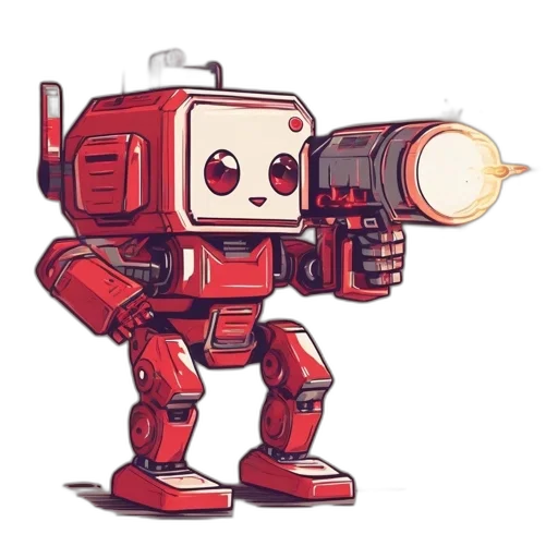 robot, weapon, pixel art, concept art, comic book art, 3d render, red, animated transparent PNG cut-out
