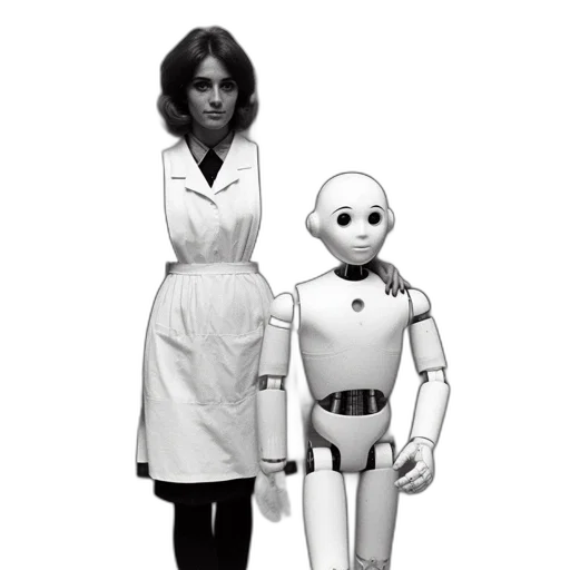 robot, dress, concept art, pixel art, woman, stands, humanoid, metallic transparent PNG cut-out