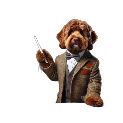 staff, animal, jacket, attired, poodle-like, dog, stands, before transparent PNG cut-out