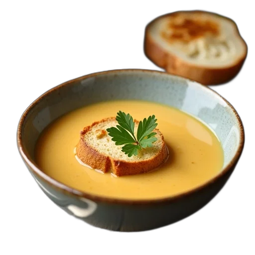 food, photorealistic, golden, bowl, creamy, soup, slice, bread transparent PNG cut-out