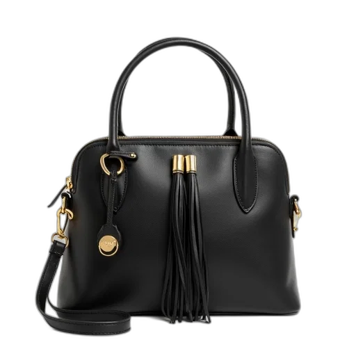 dark, black, leather, handbag, tassel, detail, front, featuring transparent PNG cut-out