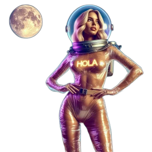 concept art, comic book art, 3d render, pixel art, outer space, woman, wears, glowing transparent PNG cut-out