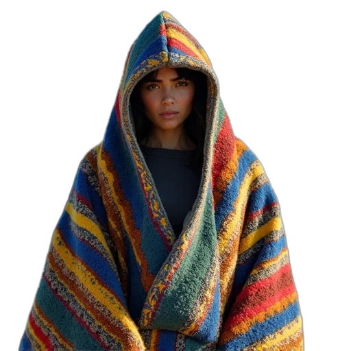 jacket, umbrella, person, wearing, colorful, patterned, blanket, hood transparent PNG cut-out