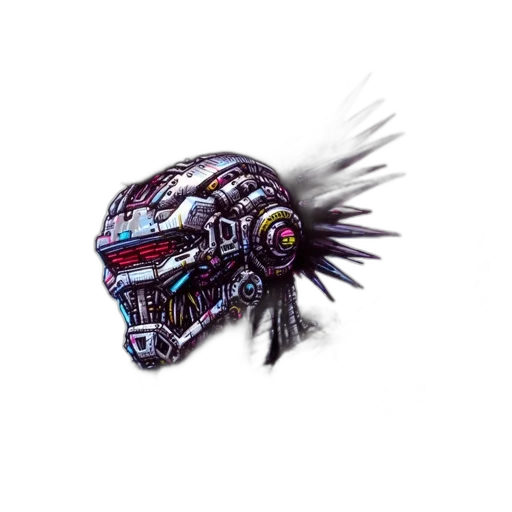 mask, hair, robot, creature, cyberpunk, concept art, pixel art, 3d render transparent PNG cut-out