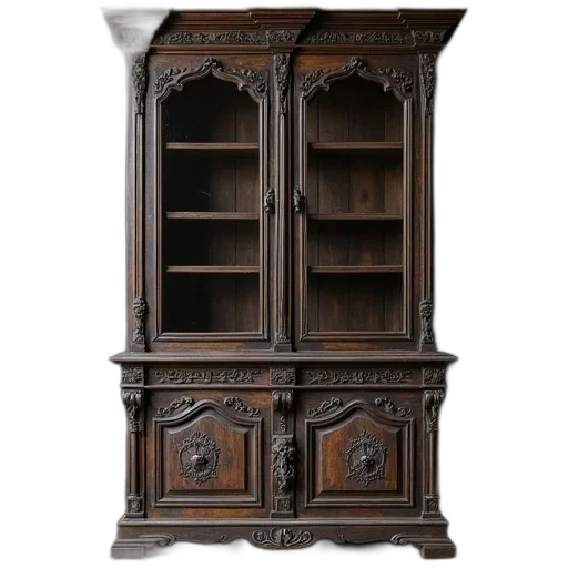 furniture, dark, wooden, antique, cabinet, intricate, carvings, glass transparent PNG cut-out
