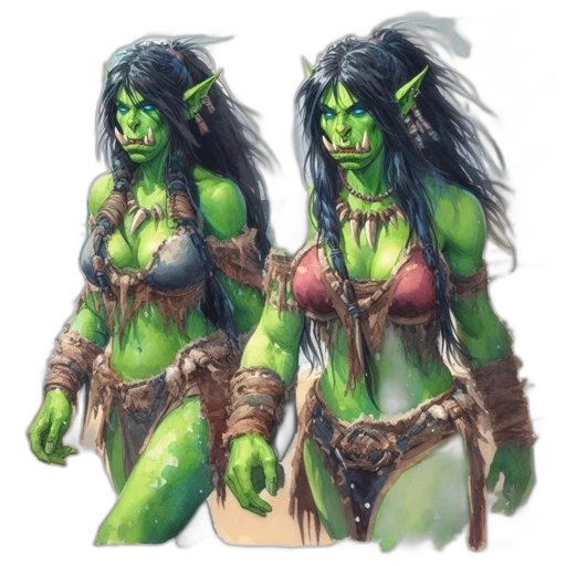 fantasy art, concept art, comic book art, 3d render, green, two, female, orc-like transparent PNG cut-out
