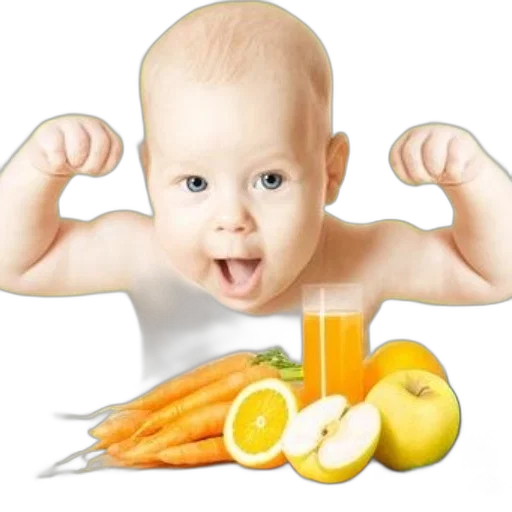 food, photorealistic, cheerful, baby, flexes, arms, front, vibrant transparent PNG cut-out