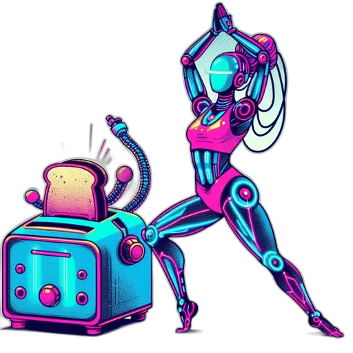 robot, weapon, cyberpunk, concept art, pixel art, vaporwave, neon lights, outer space transparent PNG cut-out