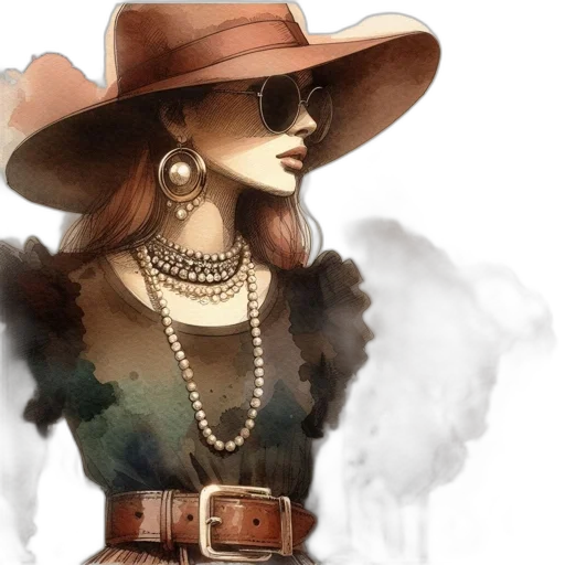 jewelry, hat, dress, concept art, fantasy art, photorealistic, watercolor, earth tones transparent PNG cut-out