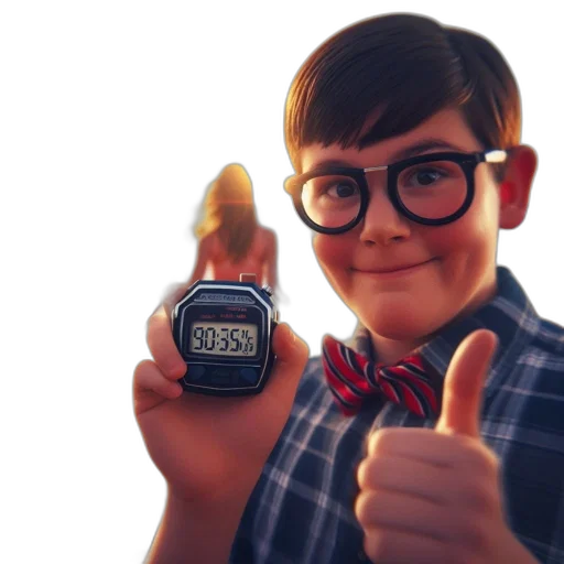 jewelry, 3d render, photorealistic, boy, glasses, holds, stopwatch, beach transparent PNG cut-out