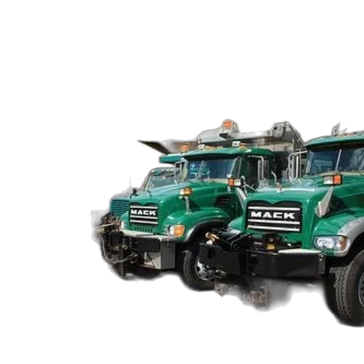 3d render, concept art, three, green, mack, trucks, parked, front transparent PNG cut-out