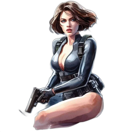 weapon, jacket, comic book art, concept art, pixel art, cyberpunk, woman, black transparent PNG cut-out