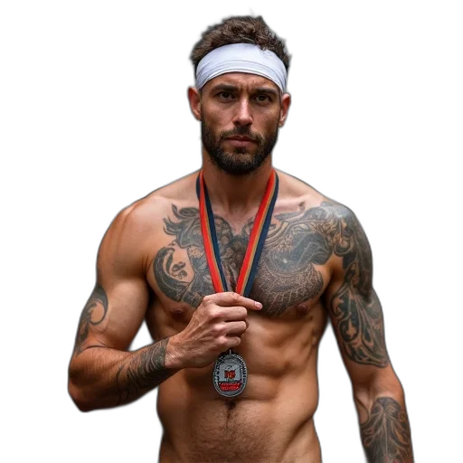 jewelry, man, tattooed, torso, standing, front, backdrop, spartan transparent PNG cut-out