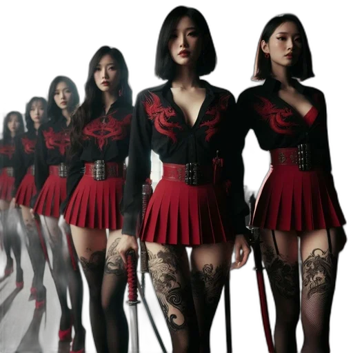 concept art, comic book art, red, dark, five, women, red-and-black, outfits transparent PNG cut-out