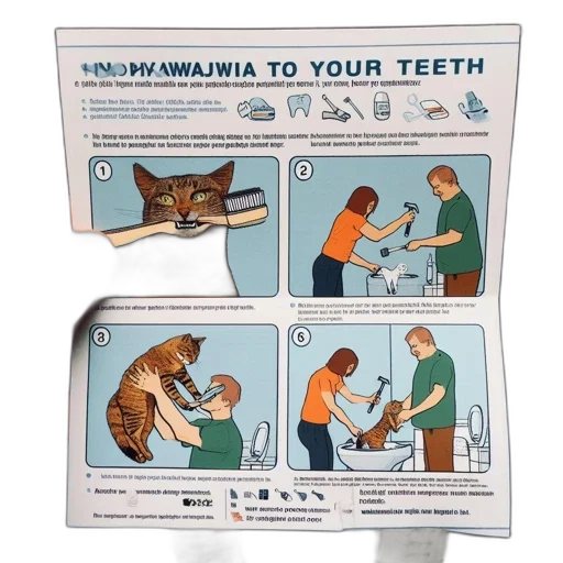 illustrated, guidebook, humorously, teaches, how, brush, cat, teeth transparent PNG cut-out