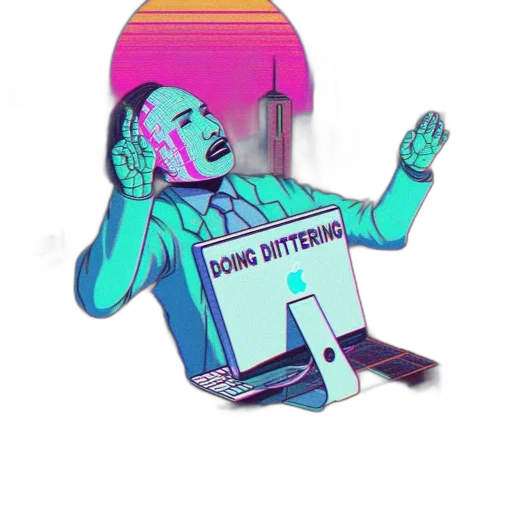 robot, staff, creature, furniture, vaporwave, cyberpunk, cartoon, pixel art transparent PNG cut-out