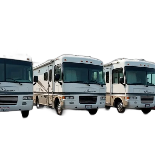 3d render, concept art, photorealistic, row, three, identical, rvs, parked transparent PNG cut-out