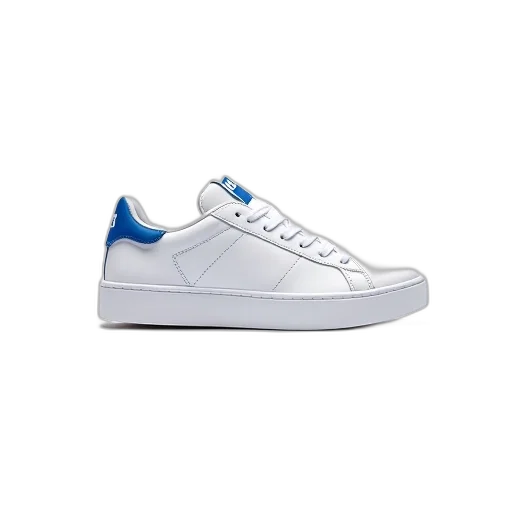 shoes, white, sneaker, blue, accents, heel, tongue, displayed transparent PNG cut-out