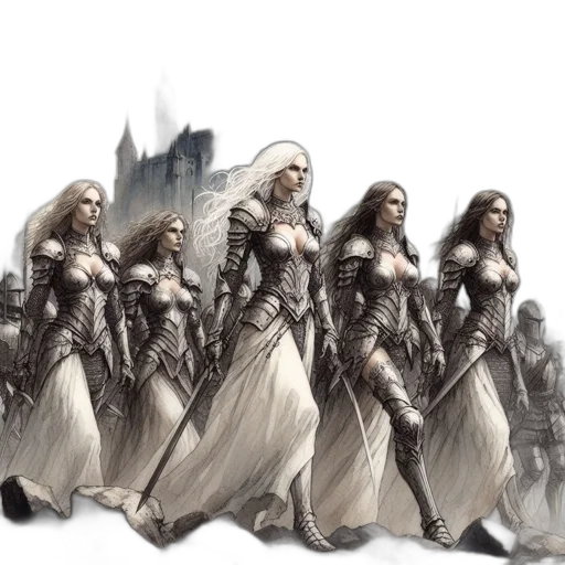 fantasy art, concept art, comic book art, 3d render, monochrome, armor-clad, women, soldiers transparent PNG cut-out