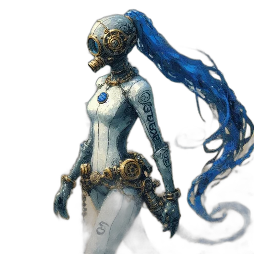 robot, dress, staff, mask, concept art, fantasy art, comic book art, cyberpunk transparent PNG cut-out