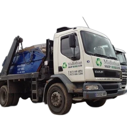 staff, midlothian, skip, hire, ltd, truck, blue, back transparent PNG cut-out