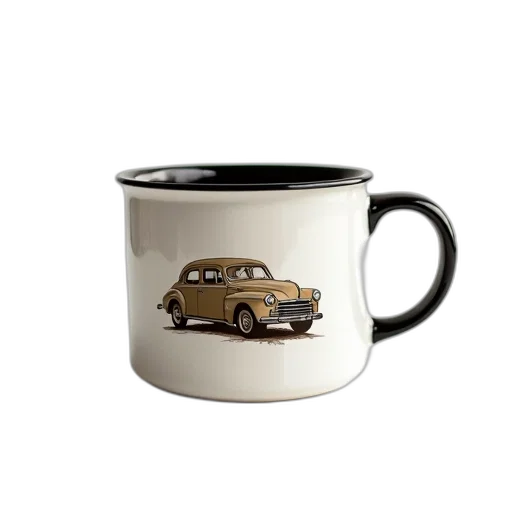car, photorealistic, 3d render, earth tones, white, ceramic, mug, black transparent PNG cut-out