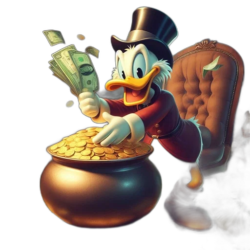 concept art, 3d render, photorealistic, scrooge, mcduck, stands, triumphantly, amidst transparent PNG cut-out
