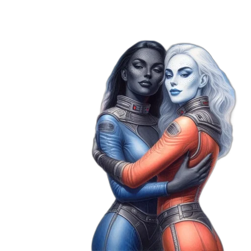 comic book art, concept art, fantasy art, watercolor, outer space, blue, two, women transparent PNG cut-out