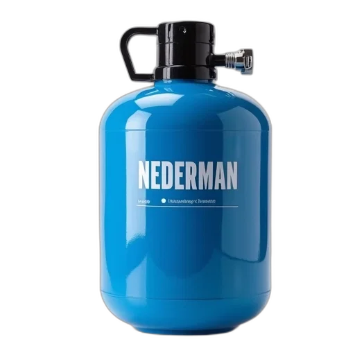 bottle, blue, cylindrical, container, black, cap, white, label transparent PNG cut-out