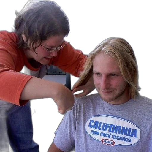 hair, staff, woman, orange, shirt, cutting, man, wearing transparent PNG cut-out