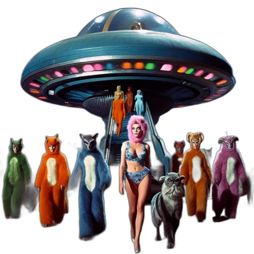 concept art, comic book art, outer space, large, ufo, hovers, over, staircase transparent PNG cut-out