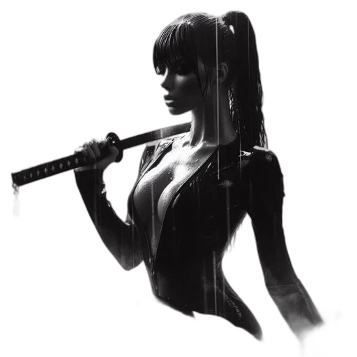 weapon, staff, concept art, cyberpunk, comic book art, fantasy art, rainstorm, woman transparent PNG cut-out
