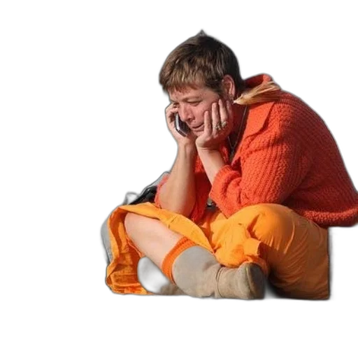 jacket, person, orange, outfit, sits, ledge, sign, says transparent PNG cut-out