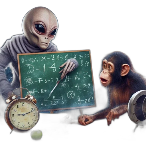 concept art, fantasy art, outer space, alien, stands, beside, chalkboard, full transparent PNG cut-out