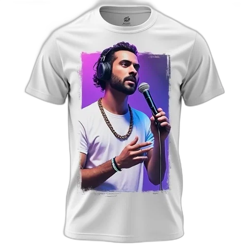 vaporwave, white, t-shirt, graphic, print, man, beard, headphones transparent PNG cut-out