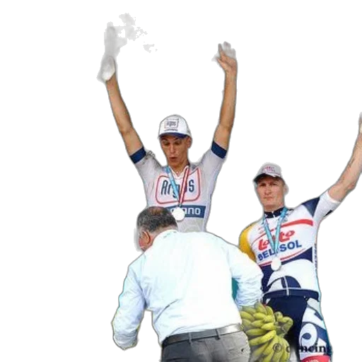 man, white, blue, cycling, jersey, stands, podium, his transparent PNG cut-out