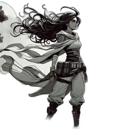 comic book art, concept art, fantasy art, pixel art, monochrome, dark, earth tones, female transparent PNG cut-out