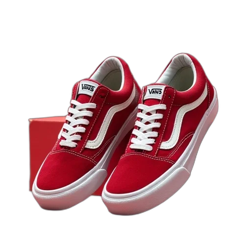 shoes, 3d render, photorealistic, red, pair, vans, wall, logos transparent PNG cut-out