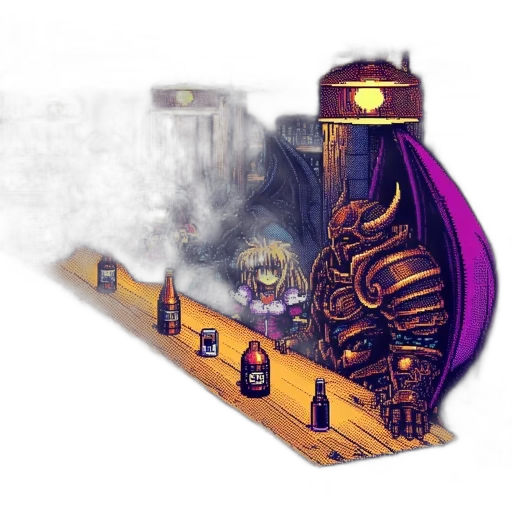 bottle, robot, weapon, concept art, fantasy art, pixel art, cyberpunk, fire transparent PNG cut-out