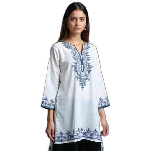dress, woman, wearing, white, kurta, blue, embroidery, black transparent PNG cut-out