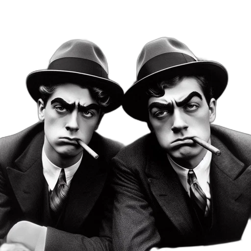 hat, cartoon, photorealistic, concept art, two, men, vintage, attire transparent PNG cut-out