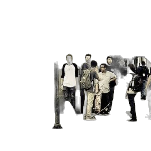 staff, concept art, group, young, men, skateboards, stand, sidewalk transparent PNG cut-out