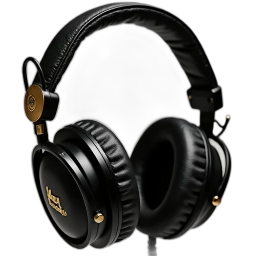 3d render, pair, black, marshall, headphones, leather, finish, gold transparent PNG cut-out
