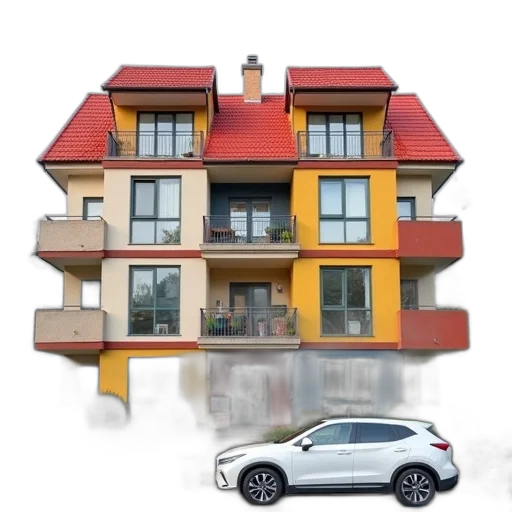 building, car, 3d render, photorealistic, concept art, city street, earth tones, colorful transparent PNG cut-out