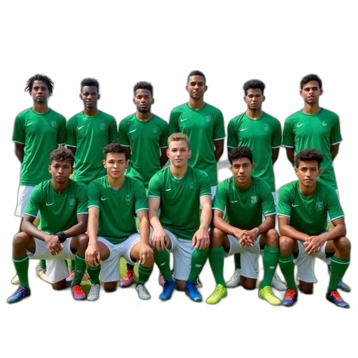 staff, group, young, men, wearing, green, white, soccer transparent PNG cut-out