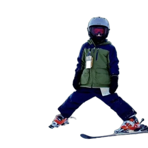 jacket, young, skier, green, blue, helmet, stands, snow transparent PNG cut-out